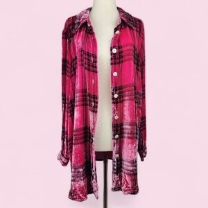 Soft Surroundings Pink Plaid Silk Burnout Velvet Long Line Button Down Shirt L